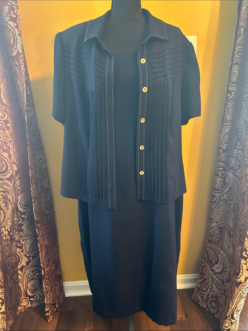 Classic Navy Short-Sleeve Maxi Skirt Set with Button Front Jacket